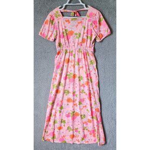 Vtg Retro Velrose Sz M Short Puff Sleeve Maxi Nightgown Lounge Dress Pink Floral
